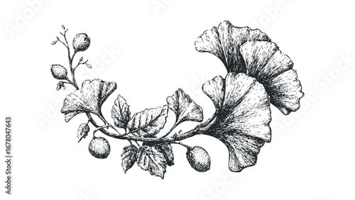 Hand Drawn Ginkgo Leaves and Berries in a Wreath Arrangement. Vector hand drawn illustration