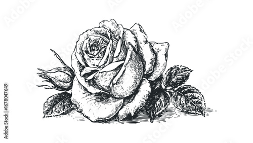 Engraved Rose and Bud with Leaves, Black and White Botanical Image. Vector hand drawn illustration