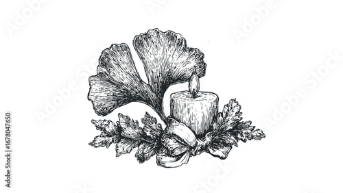 Ginkgo leaves and lit candle with ribbon detail. Vector hand drawn illustration