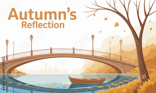 Serene autumn park scene with a charming bridge over a tranquil lake, featuring fallen leaves and a lone boat.