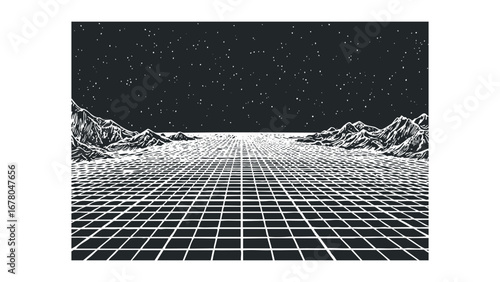 Wireframe landscape with starry night sky and mountains. Vector hand drawn illustration