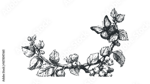 Ink sketch of butterfly perched on berry branch with leaves. Vector hand drawn illustration