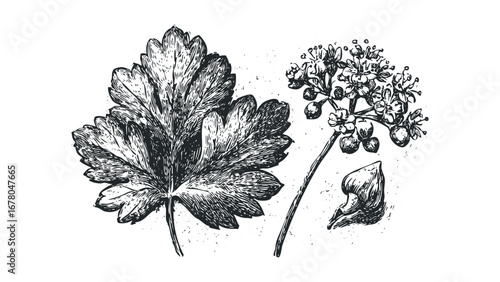 Hand drawn botanical elements of leaves and flowers. Vector hand drawn illustration