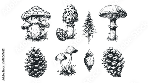 Hand drawn forest elements of mushrooms and pinecones, isolated on white. Vector hand drawn illustration