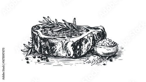 Raw steak with rosemary sprigs and seasoning on white. Vector hand drawn illustration