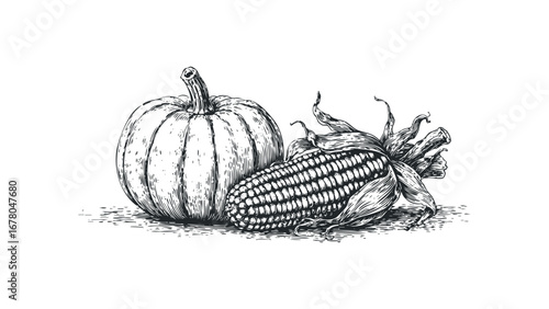 Detailed engraving of a ripe pumpkin and an ear of corn on a white background. Vector hand drawn illustration