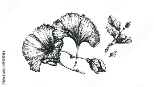 Ink drawn ginkgo leaves and buds on transparent background. Vector hand drawn illustration