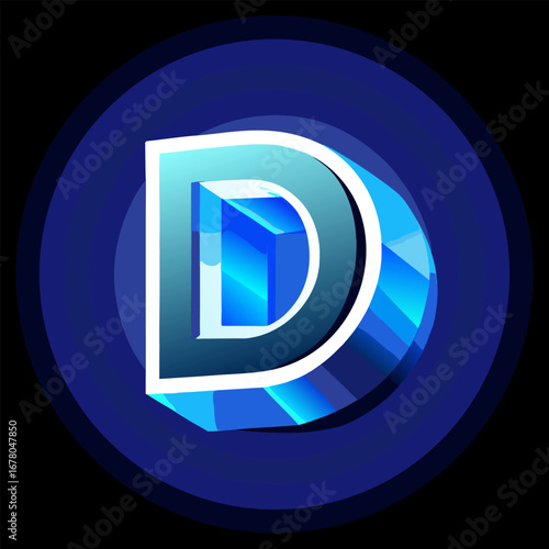Chrome-Beveled Blue Letter D on Radial Gradient