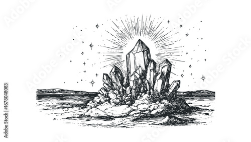 Sketch of a crystalline rock formation under a starry sky. Vector hand drawn illustration
