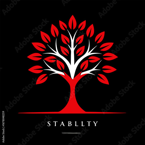 Symbolic Red Tree Logo on Black Representing Stability and Growth