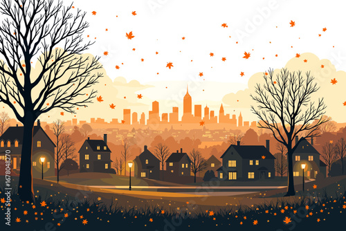 Experience the cozy magic of autumn evenings as falling leaves dance towards a warm cityscape glow, creating a serene neighborhood scene.