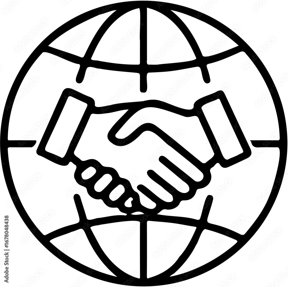 Naklejka premium Global Partnership Vector – Handshake and World Globe Line Icon
