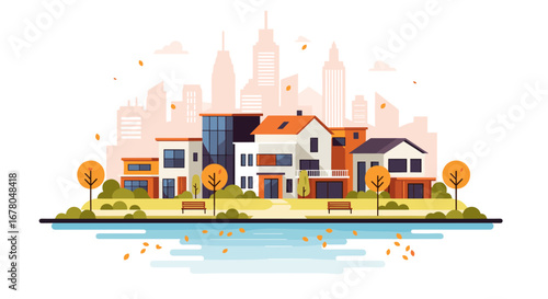 Modern suburban neighborhood with contemporary homes nestled against a vibrant city skyline, evoking peaceful community living.