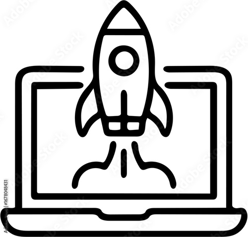 Startup Launch Vector – Rocket from Laptop Screen Minimal Line Icon
