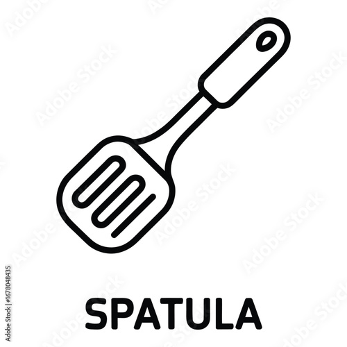 Outline drawing of a slotted spatula for cooking and baking with a handle and hanging hole design  vector silhouette
