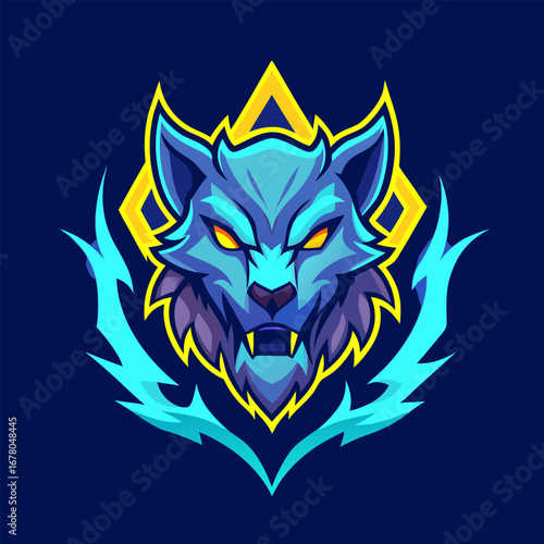 Glowing Blue Beast Head with Yellow Crest in Electric Flame Style