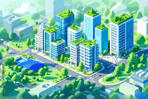 Vibrant green city skyscrapers with rooftop gardens and solar panels symbolizing sustainable urban development and eco-friendly living.