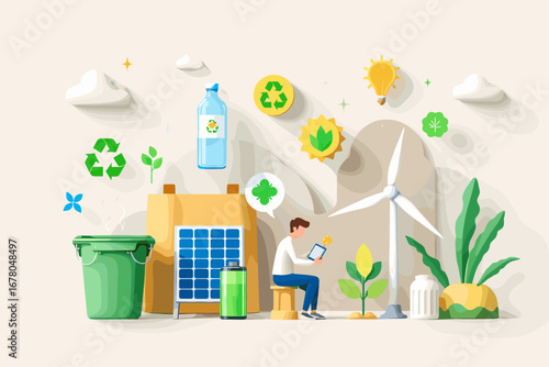 Man uses tablet near solar panels and wind turbine, embracing eco-friendly renewable energy solutions for a sustainable future.