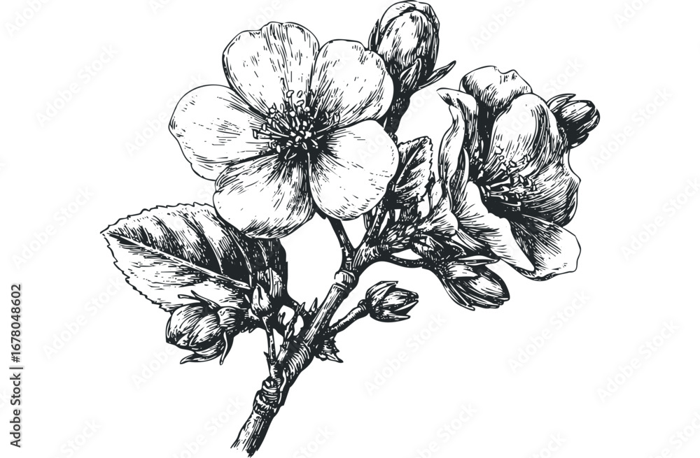 Obraz premium Ornate Monochrome Branch with Delicate Blossom Flowers and Leaves. Vector hand drawn illustration