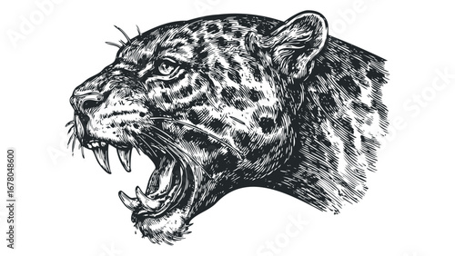 Leopard Head With Open Mouth Showing Teeth and Fangs in Detailed Sketch. Vector hand drawn illustration