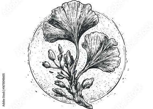 Ginkgo biloba branch with leaves and buds on circular textured frame. Vector hand drawn illustration