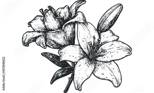 Detailed ink sketch of lily flowers with prominent stamens and petals. Vector hand drawn illustration