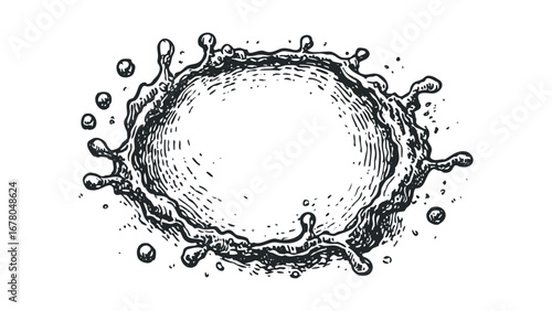 Black and white splash with droplets and waves. Vector hand drawn illustration