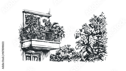 Sketch of a Balcony Laden with Lush Tropical Plants. Vector hand drawn illustration