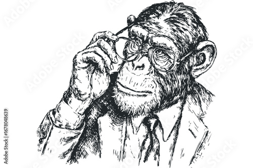 Chimpanzee in suit adjusting glasses on white. Vector hand drawn illustration