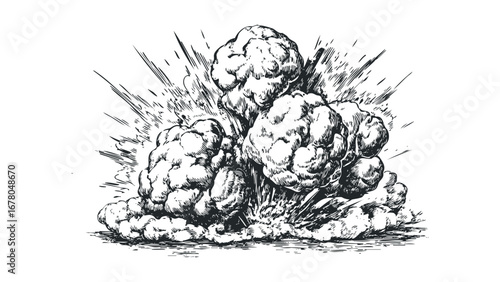 Explosion effect with smoke clouds and radiating lines in vintage sketch style. Vector hand drawn illustration