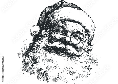 Vintage Black and White Sketch of Santa Claus Head with Round Glasses. Vector hand drawn illustration