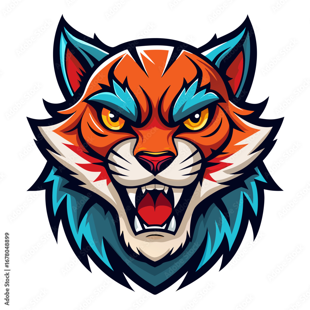 Fototapeta premium Retro Jungle Cat Mascot with Fangs and Flat Vector Shading