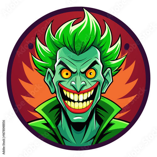 Grinning Green-Haired Mutant Clown in Explosive Cartoon Badge