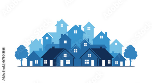 Diverse blue houses create a modern, vibrant cityscape, perfect for urban development or real estate concepts.