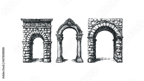 Three architectural archways with stone masonry and classical columns. Vector hand drawn illustration