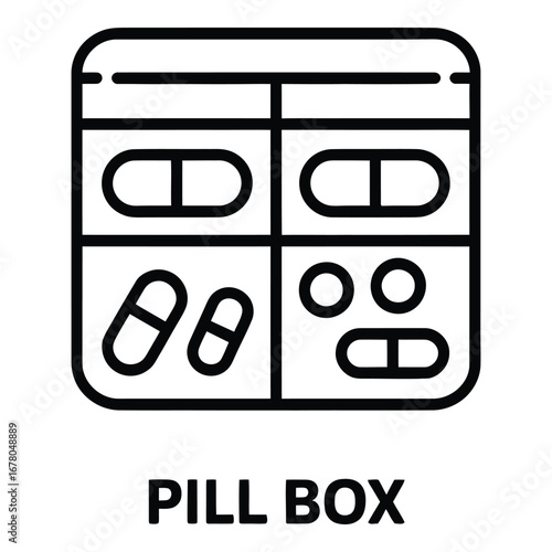 Medicine organizer box with pills and capsules for daily dosage and health management routine use  vector silhouette