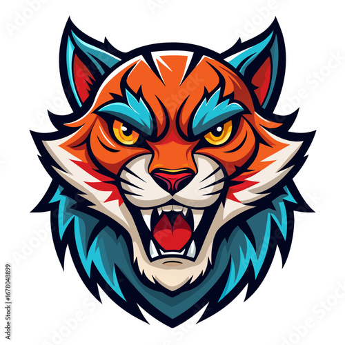 Retro Jungle Cat Mascot with Fangs and Flat Vector Shading