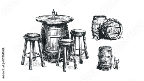 Wooden barrel bar table with stools and beverage dispensing taps. Vector hand drawn illustration