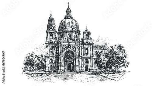 Architectural sketch of a grand domed cathedral with twin towers and surrounding trees. Vector hand drawn illustration