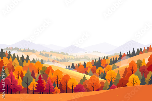 Vibrant autumn landscape with rolling hills and colorful trees creating a warm, inviting scene perfect for seasonal promotions and nature themes.
