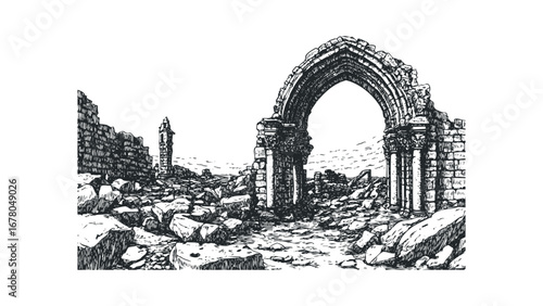 Ancient Stone Archway Ruins with Debris and Distant Tower. Vector hand drawn illustration