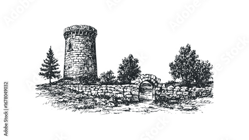 Sketch of a stone tower with an arched gateway and surrounding trees. Vector hand drawn illustration