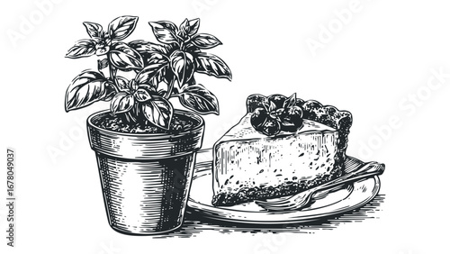 Potted Basil Plant Beside Slice of Berry Cheesecake on Plate with Fork. Vector hand drawn illustration