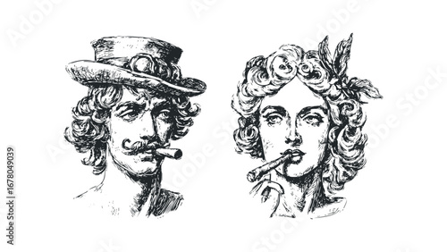 Man and Woman with Cigars in Sketch Style. Vector hand drawn illustration