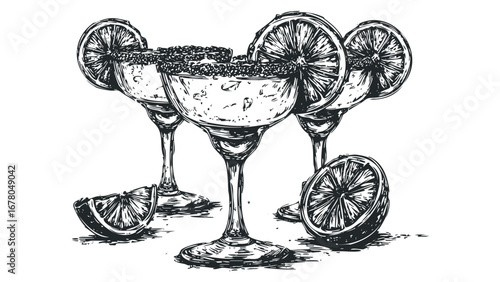 Hand Drawn Sketch of Four Margarita Cocktails Garnished with Lime Slices. Vector hand drawn illustration