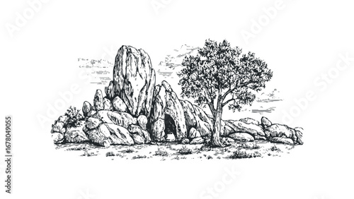 Sketch of a Lone Tree Growing Among Large Rocks. Vector hand drawn illustration