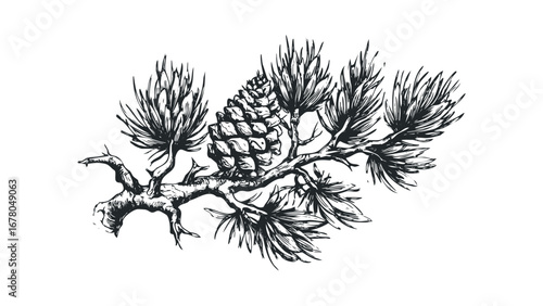 Pine branch with needles and cone sketch. Vector hand drawn illustration