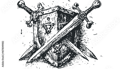 Medieval Shield and Crossed Swords Emblem with Grunge Texture. Vector hand drawn illustration