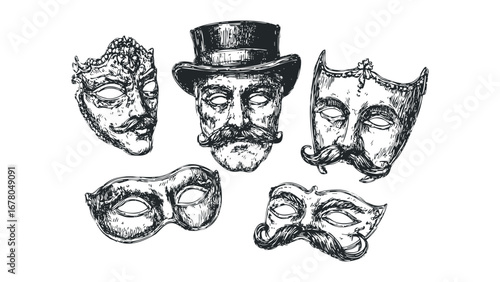 Hand Drawn Masquerade Masks and Man with Top Hat on Transparent Background. Vector hand drawn illustration