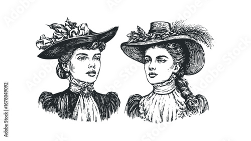 Vintage Women with Elaborate Hats and Collared Dresses. Vector hand drawn illustration